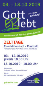 Flyer Gott ERlebt-Zelttage vom 3. bis 13.10.2019 in Eisenhüttenstadt