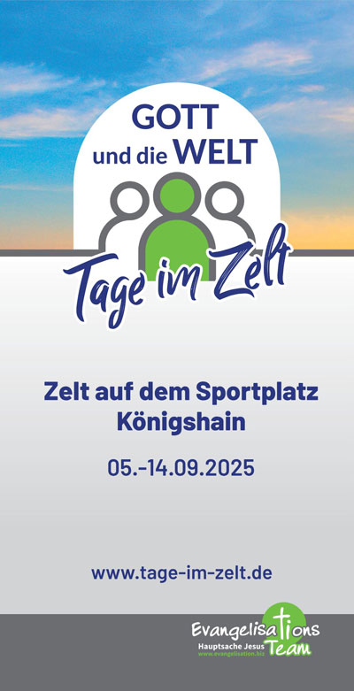Cover des Flyers zur Veranstaltung "Gott und die Welt – Tage im Zelt" im September 2025 in Königshain
